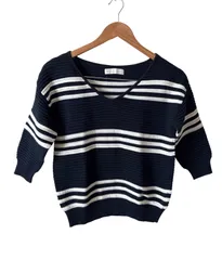  CECIL McBEE セシルマクビー　カットソー　7分袖　レディース　ボーダー　ネイビー　ホワイト　Mサイズ【Z1748】