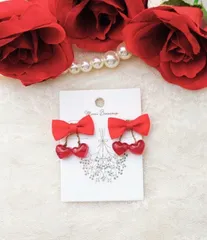 ハートさくらんぼ🍒リボン付き耳飾り(red)