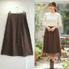 美品✨ シャバリエ CHAVARIE ミモレ丈 スカート フレア ドット柄 立体ドット シアー シースルー 透け感 上品 きれいめ 大人カジュアル ブラウン 茶色 ダークブラウン 日本製 made in Japan ウール混 wool 毛 キュプラ 裏地