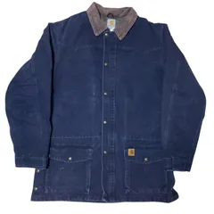 カーハート C52 ダックランチコート チョアコート ワークジャケット ワークウェア ネイビー コーデュロイ ブランケット トリプルステッチ ロゴ 革パッチ アウター レディース ユニセックス メンズ 古着 長袖 CHM