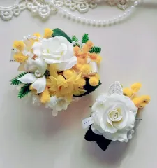 決算セール　特別価格　ミモザコサージュ　親子コサージュ　ミモザ　バラ　入園式　入学式　卒園式　卒業式　ハンドメイド