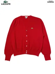 古着 LACOSTE ラコステ アメリカ製 無地 ワンポイント コットン 長袖 ニット カーディガン 赤 (ttu2512016)