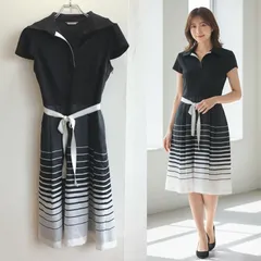 美品✨ ラングミュゼ RANG MUSEE ひざ丈 ワンピース レディース 小さめ Aライン フレンチスリーブ ボーダー 切り替え ドッキング 薄手 ウエスト リボン 綿混 きれいめ 上品 大人可愛い フェミニン オフィス カジュアル 通勤 コーデ 黒