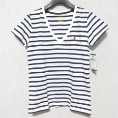未使用 POLO RALPH LAUREN ポロラルフローレン ボーダー Vネック ショートスリーブ Tシャツ カットソー XS ホワイト×ネイビー レディース 古着 中古 USED