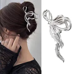 HAPVITAL バンスクリップ ヘアクリップ オフ ィス シンプル ヘアアクセサリー 髪留め 人気 韓国風 おしゃれ 贈り物 レディース用 大きめ オフ ィス 髪飾り クリップ (シルバーリボンデザイン)