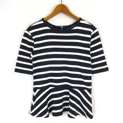 ギャップ GAP カットソー ボーダー ペプラム コットン 半袖 S 紺 ダークネイビー 白 ホワイト