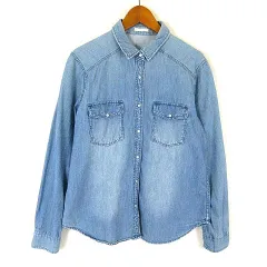 ジーユー GU ウエスタン デニムシャツ ラウンドヘム ウォッシュ加工 長袖 M ライトブルー
