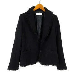 ザジ ZAZIE ジャケット ツイード ウール フリンジ テーラード 長袖 M 9 黒 ブラック