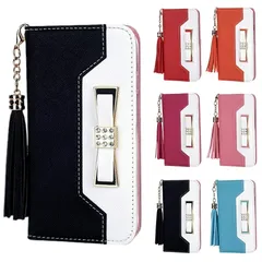 iPhone 12mini 対応 手帳 ケース カバー ストラップ付き タッセルチャーム ポケット付き カード収納 スタンド機能 マグネット開閉 レザー調 合皮 リボン ツートン