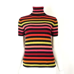 オンワード樫山 ニット セーター マルチボーダー ウール タートルネック リブ 切替 シームデザイン 半袖 M 38 マルチカラー