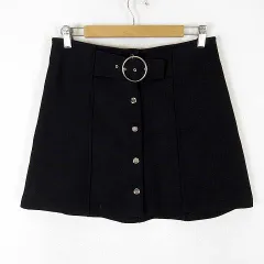 ザラウーマン ZARA WOMAN スカート 台形 フロントボタン ベルト ひざ丈 ストレッチ M 黒 ブラック