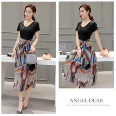 エスニック柄 ドッキングワンピース 幾何学模様 切替 半袖 送料無料