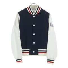 MONCLER GAMME BLEU (モンクレール・ガム・ブルー) 18SS レザーナイロン切替 ロゴボタンジャケット スタジャン ブルゾン ネイビー/ホワイト D13914036080