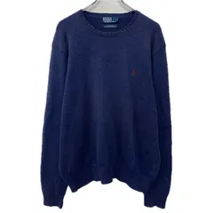 90s POLO RALPH LAUREN コットンニット セーター L ネイビー ポロバイラルフローレン プルオーバー ワンポイント刺繍 無地 秋物 a801-6195