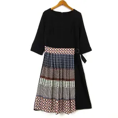 カピス Xapis ワンピース プリーツ レイヤード 切替 総柄 ロング ウエストベルト ストレッチ 7分袖 S 1 黒 ブラック マルチカラー