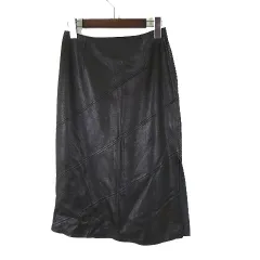 メルローズ MELROSE スカート ラムレザー 羊革 セミタイト ミモレ丈 M 3 黒 ブラック