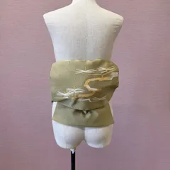 名古屋帯　帯　着物　お太鼓柄　松　綴れ風　緑　リサイクル着物　n-940