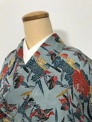 【中古】Sサイズ 小紋 正絹 水色地に草花模様