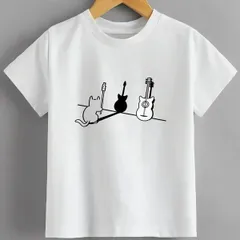 送料無料 ジュニア（ギターの影を作る猫デザイン）熱転写3Dプリント面白いTシャツ パロディ 子供服 男の子 女の子 小学生 中学生 半袖 夏「背面印刷可､備考必須」