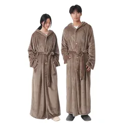 ATOKAZO 着る毛布 ルームウェア Rサイズ 男女兼用 あったか 着るブランケット 部屋着 パジャマ 腰ベルト・ポケット・フード付き ボタン付き フランネル なめらかな肌触り ふわふわ 吸湿発熱 静電気防止 防寒対策 秋冬 洗える レディース メンズ  1
