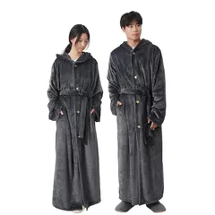 ATOKAZO 着る毛布 ルームウェア Rサイズ 男女兼用 あったか 着るブランケット 部屋着 パジャマ 腰ベルト・ポケット・フード付き ボタン付き フランネル なめらかな肌触り ふわふわ 吸湿発熱 静電気防止 防寒対策 秋冬 洗える レディース メンズ  1