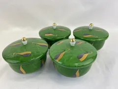 A-22.深川製磁 蓋付 湯飲み 夫婦 鶴  金彩 4客 グリーン  染付