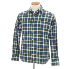 【中古】オリアン ORIAN コットン チェック ワイドカラー カジュアルシャツ グリーンxブルー【サイズM】【メンズ】