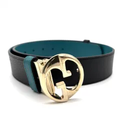 極美品・希少色 GUCCI グッチ リバーシブル ベルト インターロッキング バックル ロゴ メンズ レディース ターコイズブルー ブラック