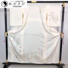 紗合せ 付下げ 手描き 菖蒲の花模様 金糸 乳白色 K-4446