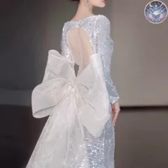 新品 未使用 レディース ウェディングドレス フォーマルドレス パーティードレス 大き目リボンの総スパンコール 長袖 イブニングドレス