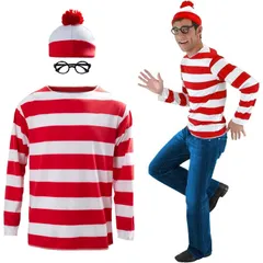 [Augwindy] ウォーリー コスプレ 探せ コスチューム 衣装 帽子付き メガネ ハロウィン セット 親子ペアルック なりきり 変装 面白い かわいい クリスマス 男の子 女の子 仮装 イベント仮装 新年会 学園祭 文化祭 忘年会 男女兼用