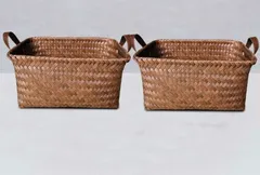 籐風バスケット 2点セット プラカゴ ランドリー 洗濯カゴ 収納 PP 木目 ブラウン 雑貨 インテリア 収納バスケット 収納ボックス 収納かご