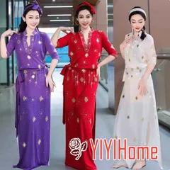 ベリーダンス 衣装 4点セット 大人 オリエンタル エジプト サイディ バラディ パフォーマンス 民俗 ダンス衣装 ロング ワンピース ベルト ヘアバンド インナーパンツ ヒップスカーフ 練習着 レッスン着 きらきら