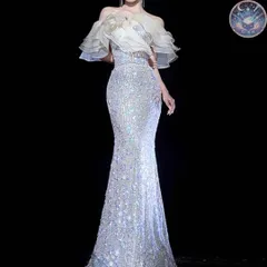 新品 未使用 レディース ウェディングドレス フォーマルドレス パーティードレス スパンコールにフリルがゴージャスなオフショル ロングドレス