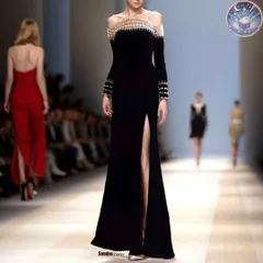 新品 未使用 レディース ウェディングドレス フォーマルドレス パーティードレス パールにストーンがゴージャスな長袖 スリット入りロングドレス