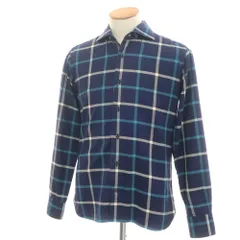 【中古】オリアン ORIAN コットン チェック ワイドカラー カジュアルシャツ ネイビー【サイズS】【メンズ】