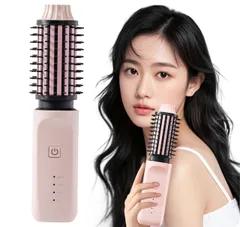 【美容師監修】 ヒートブラシ コードレス ロールブラシ アイロン 小型 携帯 ブラシ型ヘアアイロン 40mm/4段階温度調整/マイナスイオン (ピンク) [ピンク]
