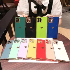 iPhone 15Pro 対応 ケース カバー 背面タイプ ソフトケース スクエア ハート メタリック メッキ カメラレンズカバー パステルカラー くすみカラー シンプル かわいい