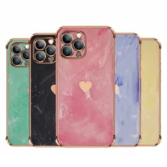 iPhone 13ProMax 対応 ケース カバー 背面タイプ ソフトケース スクエア ハート メタリック メッキ カメラレンズカバー パステルカラー 大理石風 マーブル柄 シンプル かわいい おしゃれ