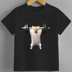 送料無料 ジュニア（ポメラニアン イヌ　面白い 犬 筋トレ　文字入り）熱転写3Dプリント面白いTシャツ パロディ 子供服 男の子 女の子 小学生 中学生 半袖 夏「背面印刷可､備考必須」