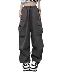 [Four leaf] カーゴパンツ レディース 大人 かわいい ワイドパンツ カジュアル ウエストゴム ジョガーパンツ ボトムス ズボン バルーンパンツ バギーパンツ パラシュート イージーパンツ (JP, アルファベット, L, 灰色) [グレー] [L]