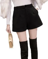 SLOW＆MELLOW ショートパンツ レディース フランネル ハイウエスト Aライン 韓国 カジュアル 可愛い ボトムス ショーパン シンプル 無地 美脚 効果 3カラー ウール 秋 冬 春 ポケット キュロット ミニ 丈 (ブラック,  M)