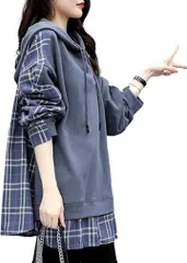 ReiLuana パーカー レディース 長袖 ゆったり スウェット 体型 カバー トップス チェック柄 重ね着 風 人気 可愛い お洒落シャツ 重ね着風 オーバー サイズ ビッグ シルエット (インディゴブルー,  M)