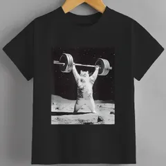 送料無料 ジュニア（ムーンキャット 筋トレ 猫 フィットネス ジム ウェイトリフティング トレーニング）熱転写3Dプリント面白いTシャツ パロディ 子供服 男の子 女の子 小学生 中学生 半袖 夏「背面印刷可､備考必須」