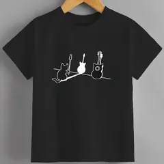 送料無料 ジュニア（猫ギター 猫Tシャツ おもしろ 可愛い ネコ 猫）熱転写3Dプリント面白いTシャツ パロディ 子供服 男の子 女の子 小学生 中学生 半袖 夏「背面印刷可､備考必須」