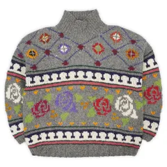 BALTA IMPORTS 80s 80年代 エクアドルニット ハイネック タートル ハンドニット ローズ 花柄 USA ヴィンテージ アメリカ 古着 メンズ ニット セーター グレー系 / 総柄 L相当【中古】