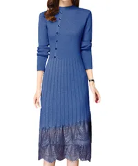 [Dep Club] ニットワンピース レディース 秋冬 ロング 長袖 ワンピース 黒 レース パーティードレス 上品 きれいめ タイト 膝下丈 大きいサイズ 体型カバー デート お呼ばれ 秋 冬 (JP, アルファベット, [ブルー] [Free Size]