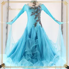 社交ダンス 衣装 スタンダードドレス ワンピース ドレス スタンダード フロート 水色 レース フリル ブラック 黒 デモ 競技 ダンス パーティ 発表会 ブルー系 ゴージャス 華やか デザイン フリルスカート 競技用 おしゃれ ステージ衣装 綺麗 優雅