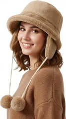 ReiLuana バケット ハット レディース ファー 耳当て あったか 防寒 帽子 冬 ボア 暖かい ポンポン 人気 可愛い お洒落 つば広 婦人 通気 シンプル 軽量 無地 (カーキ,  Free Size)