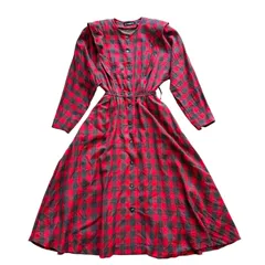 シャツワンピース　ロング丈　ギンガムチェック　レトロ　ヴィンテージ　ウール　ブラック　レッド　黒　赤　9号　Mサイズ